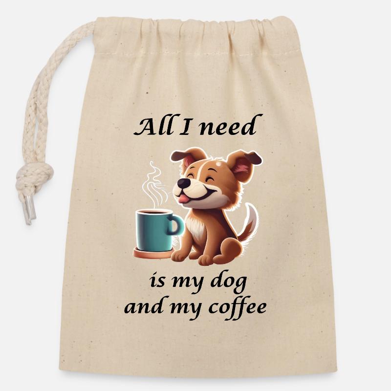 Cute dog with coffee mug - Closable cotton gift bag (14x20cm) - nature