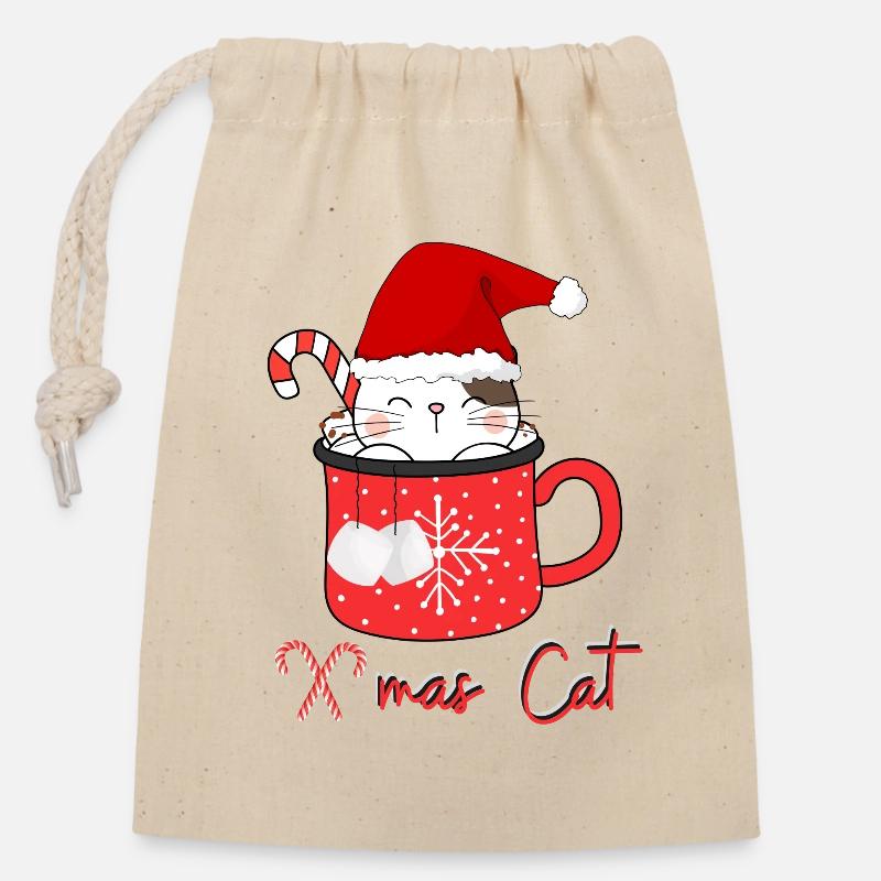 X-mas Cat - Verschließbarer Geschenkbeutel aus Baumwolle (14x20cm) - Natur