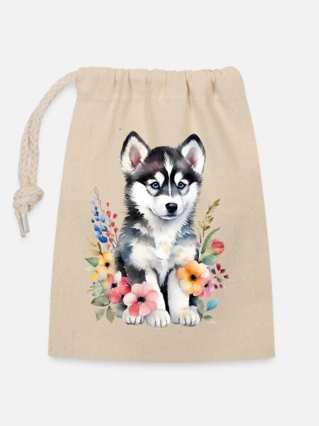 Husky Baby Welpe süß niedlich Aquarell Zeichnung - Verschließbarer Geschenkbeutel aus Baumwolle (14x20cm) - Natur