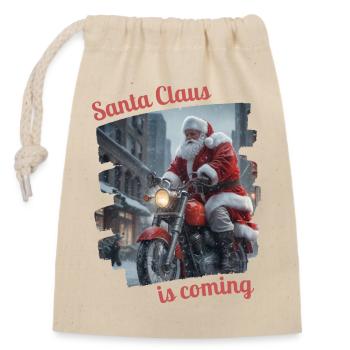 Santa Claus is coming - Weihnachtsmann Motorrad - Verschließbarer Geschenkbeutel aus Baumwolle (14x20cm) - Natur - Vorne