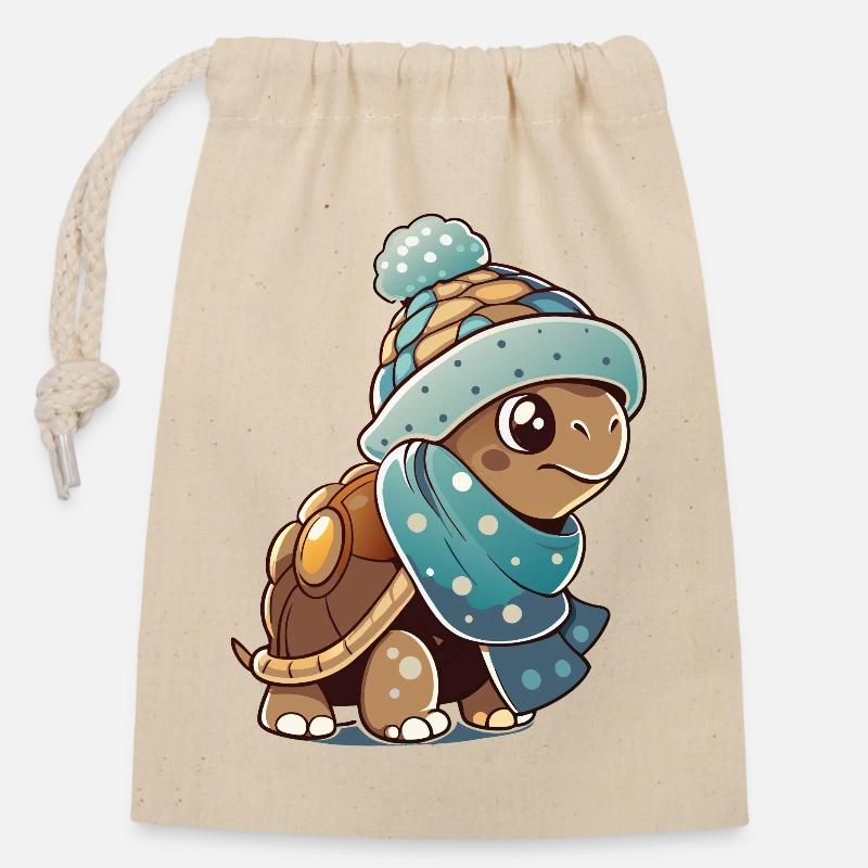 Cute turtle with scarf and bobble hat. - Closable cotton gift bag (14x20cm) - nature