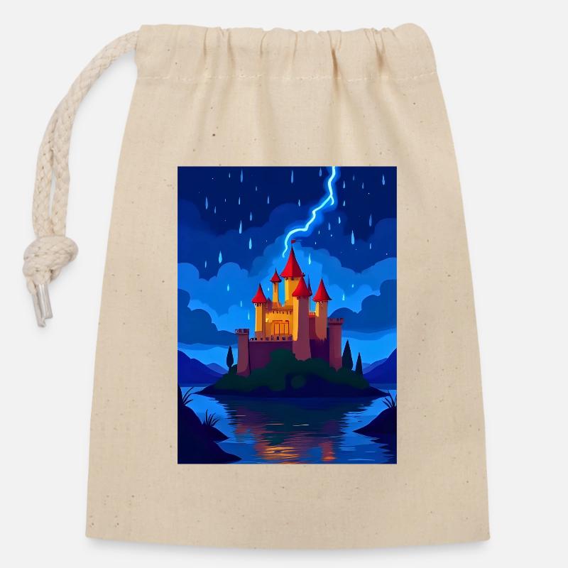 Château enchanté avec éclairage nocturne - Sac cadeau en coton avec cordon (14 x 20 cm) - nature