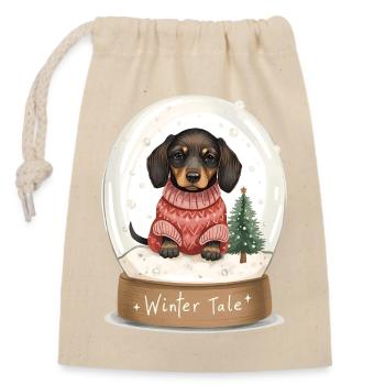 Dachshund in Snow Globe – Winter Tale - Verschließbarer Geschenkbeutel aus Baumwolle (14x20cm) - Natur - Vorne