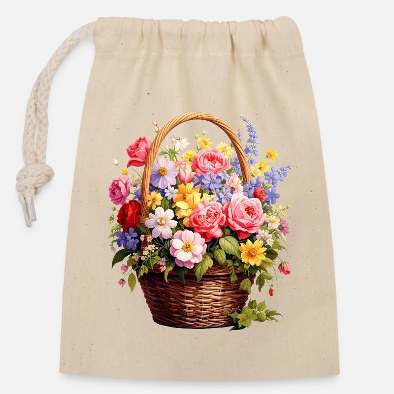 Weidenkorb mit Frühlingsblumen - Verschließbarer Geschenkbeutel aus Baumwolle (14x20cm) - Natur