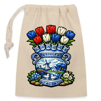 Delfter Vasen-Tulpen und Windmühle - Verschließbarer Geschenkbeutel aus Baumwolle (14x20cm) - Natur - Vorne