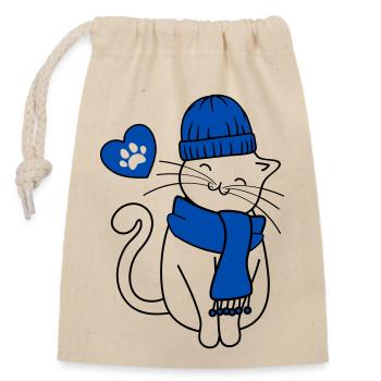 Chat d’hiver avec casquette et écharpe, cœur et patte - Sac cadeau en coton avec cordon (14 x 20 cm) - nature - Devant