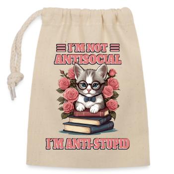 Clever cat with reading glasses - Closable cotton gift bag (14x20cm) - nature - Front