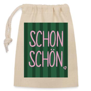 Schon schön - Schriftzug rosa-grün - Verschließbarer Geschenkbeutel aus Baumwolle (14x20cm) - Natur - Vorne