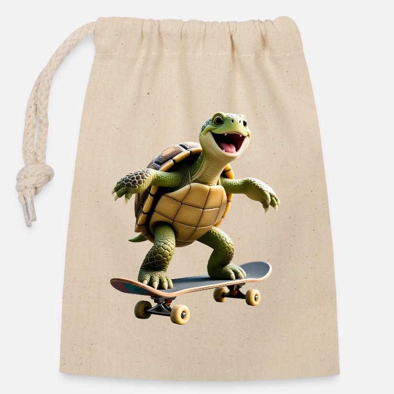 Tortue patineuse - Sac cadeau en coton avec cordon (14 x 20 cm) - nature