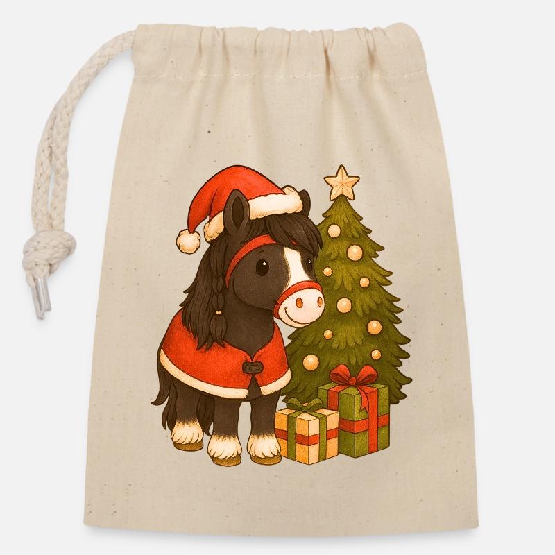 pony_weihnachten - Sac cadeau en coton avec cordon (14 x 20 cm) - nature
