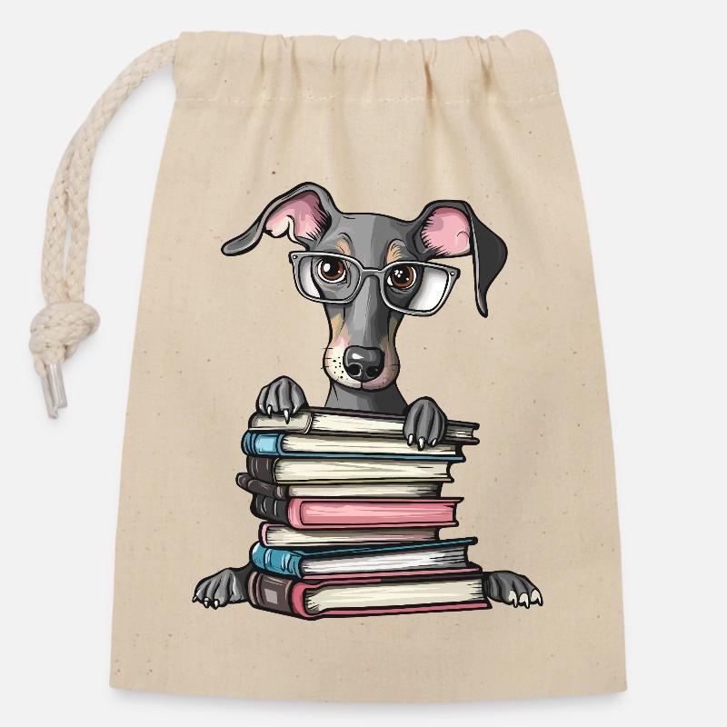 Süßes Windhund-Lesebuch mit Brille - Verschließbarer Geschenkbeutel aus Baumwolle (14x20cm) - Natur