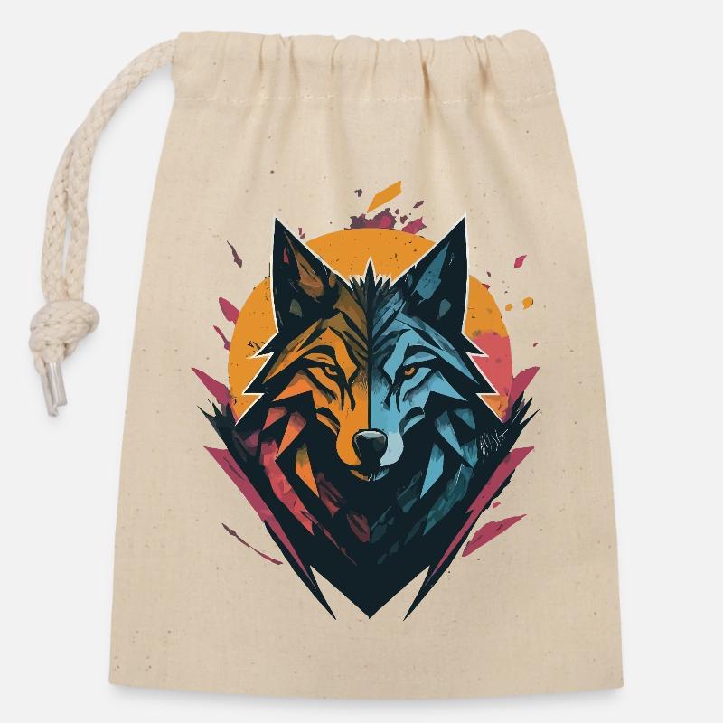 Loup double face soleil lune - Sac cadeau en coton avec cordon (14 x 20 cm) - nature