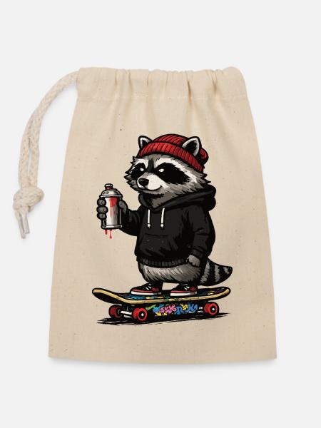 Waschbär Skate Graffiti - Verschließbarer Geschenkbeutel aus Baumwolle (14x20cm) - Natur