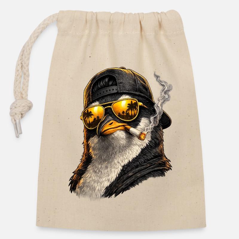 Sunglasses penguin with cigarette butt - Closable cotton gift bag (14x20cm) - nature