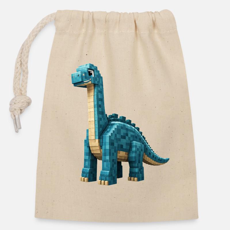 Pixel Brontosaurus - Sac cadeau en coton avec cordon (14 x 20 cm) - nature
