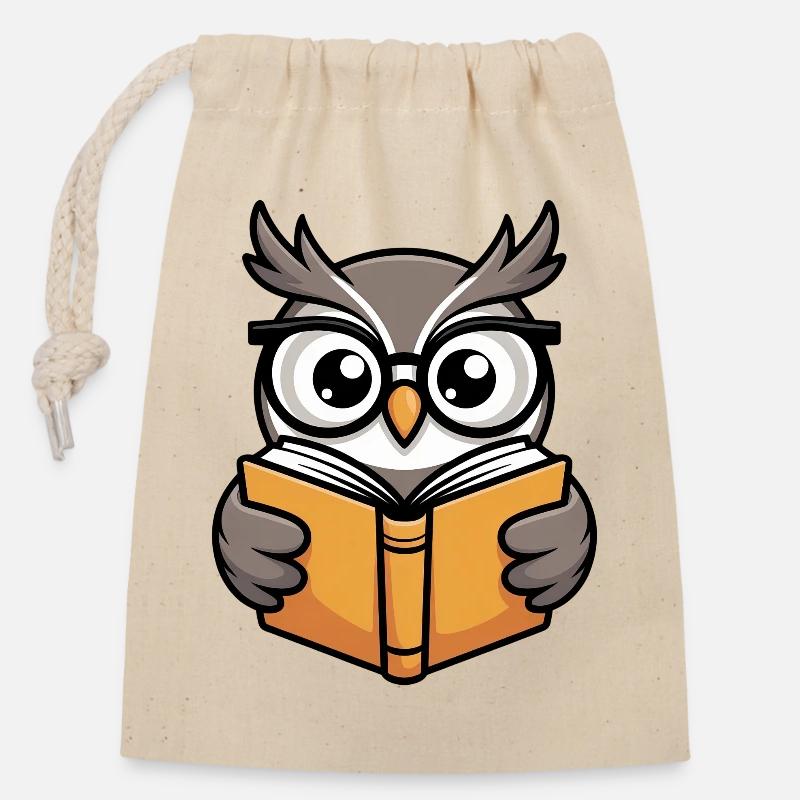Chouette lectrice mignonne avec des lunettes - Sac cadeau en coton avec cordon (14 x 20 cm) - nature
