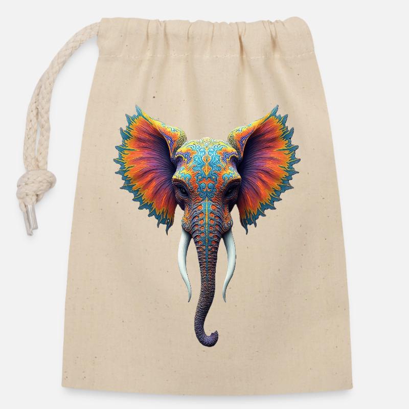 Tête d’éléphant arc-en-ciel ornée - Sac cadeau en coton avec cordon (14 x 20 cm) - nature