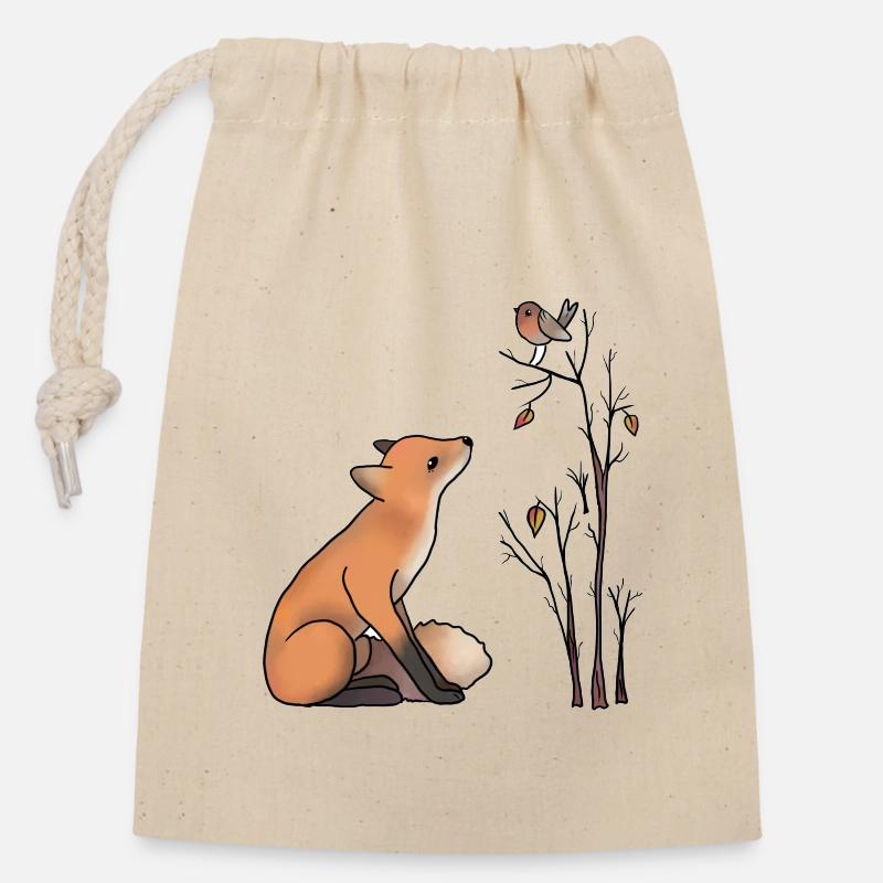 Fuchs und Rotkehlchen - Verschließbarer Geschenkbeutel aus Baumwolle (14x20cm) - Natur