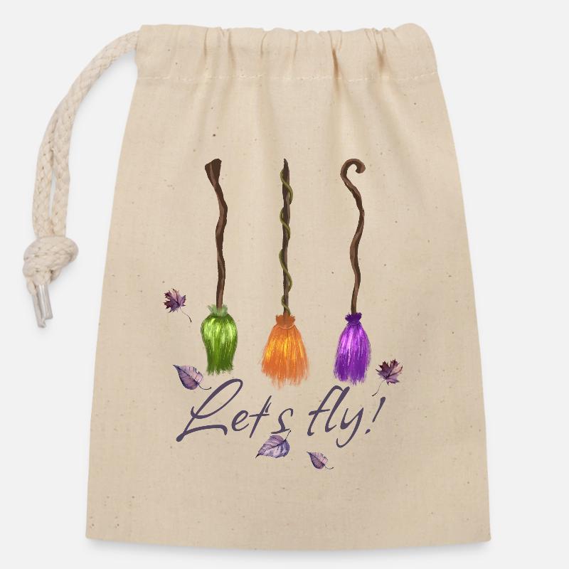 Balai de sorcières Volons! - Sac cadeau en coton avec cordon (14 x 20 cm) - nature