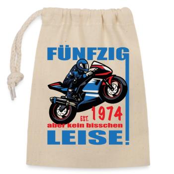 50. Geburtstag 1974 Motorrad Biker Spruch - Verschließbarer Geschenkbeutel aus Baumwolle (14x20cm) - Natur - Vorne