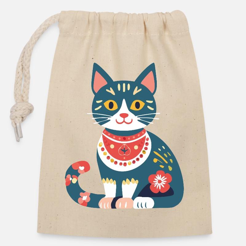 chaton folklorique mignon - Sac cadeau en coton avec cordon (14 x 20 cm) - nature