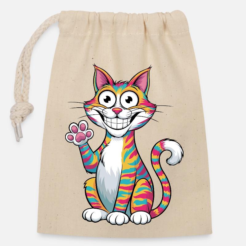 Chat qui agite la main - Sac cadeau en coton avec cordon (14 x 20 cm) - nature