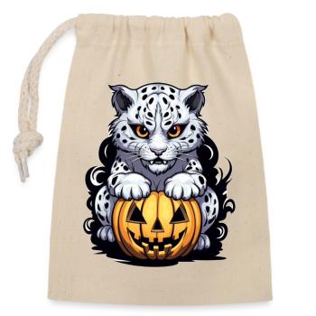 Schneeleopard mit Halloween-Kürbis - Verschließbarer Geschenkbeutel aus Baumwolle (14x20cm) - Natur - Vorne