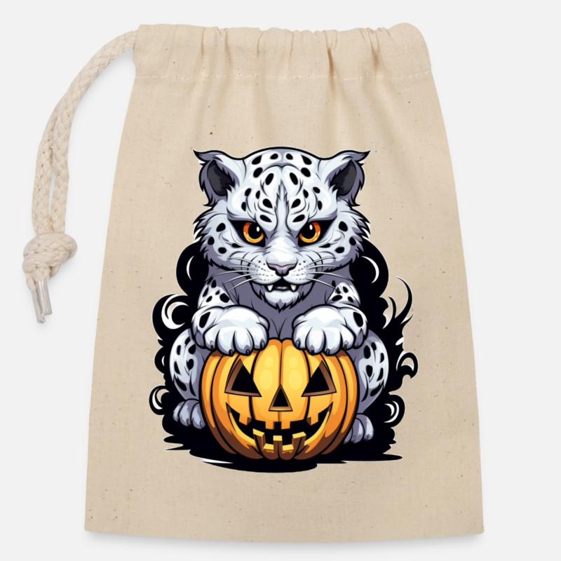 Schneeleopard mit Halloween-Kürbis - Verschließbarer Geschenkbeutel aus Baumwolle (14x20cm) - Natur