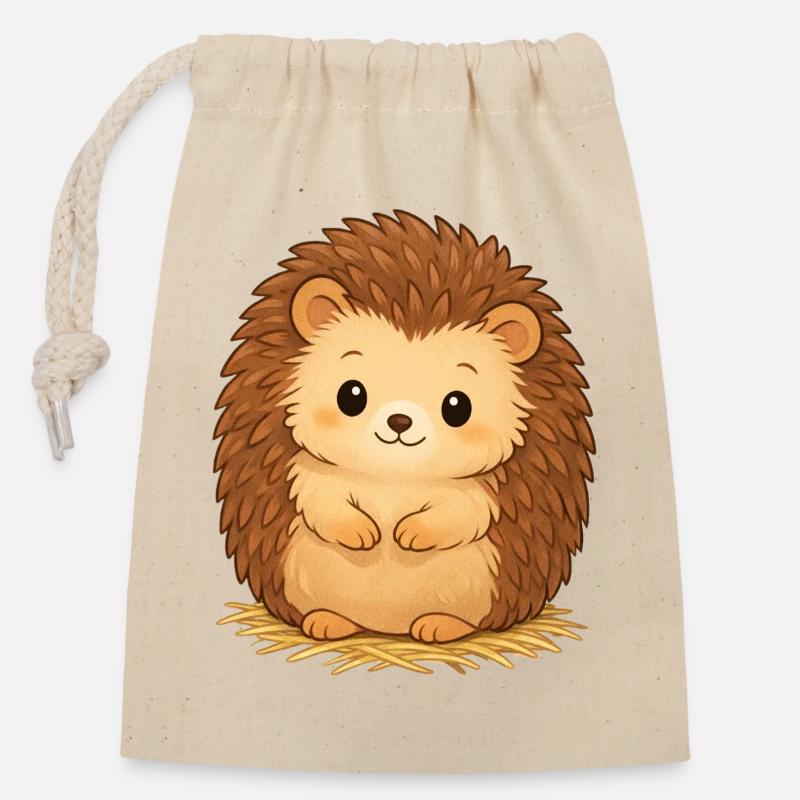 Cuddly hedgehog on hay - Closable cotton gift bag (14x20cm) - nature