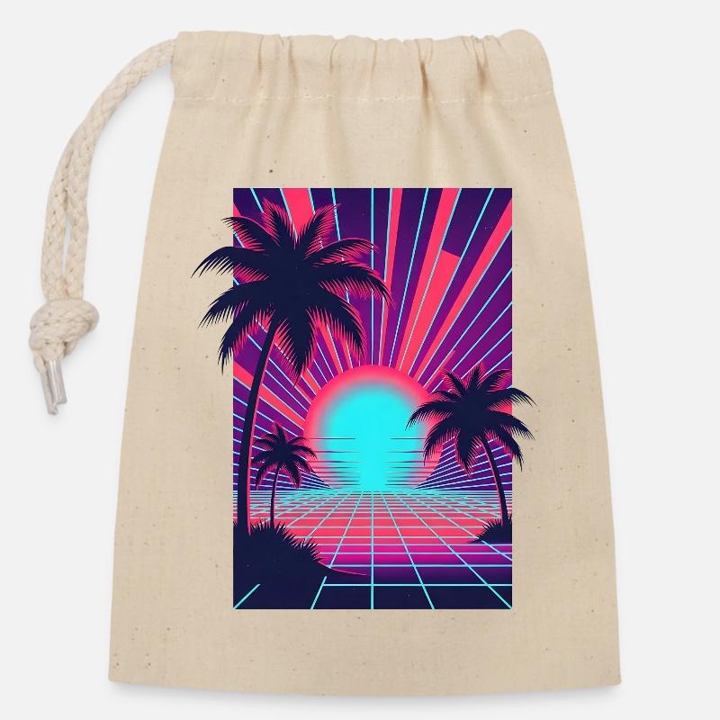 Coucher de soleil néon sur la plage de palmiers - Sac cadeau en coton avec cordon (14 x 20 cm) - nature