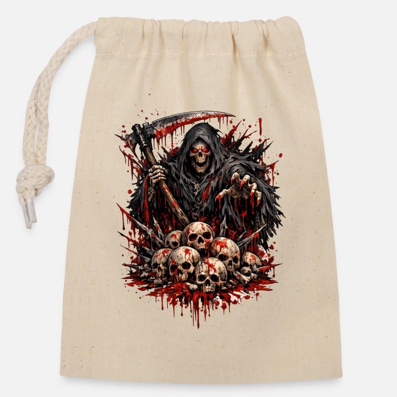 Grim Reaper and Skull Pile - Closable cotton gift bag (14x20cm) - nature