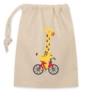 Children's motif: Giraffe rides on a bicycle - Closable cotton gift bag (14x20cm) - nature - Front