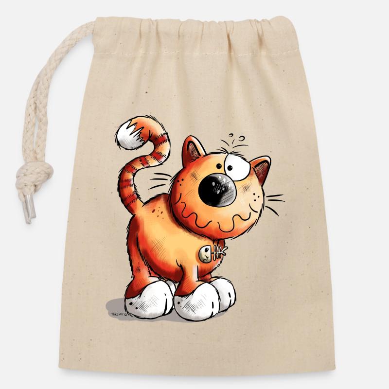 Drôle Chat - Sac cadeau en coton avec cordon (14 x 20 cm) - nature