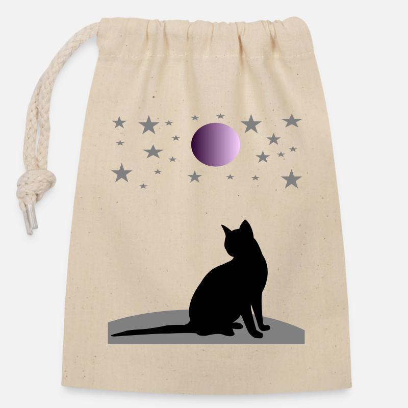 Sternenhimmel mit Mond und Katze - Verschließbarer Geschenkbeutel aus Baumwolle (14x20cm) - Natur