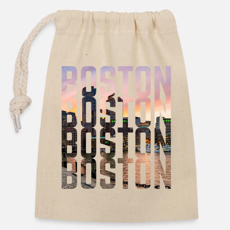 Lettrage Boston Skyline - Sac cadeau en coton avec cordon (14 x 20 cm) - nature