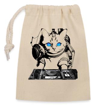 DJ Katze mit Mischpult - Verschließbarer Geschenkbeutel aus Baumwolle (14x20cm) - Natur - Vorne