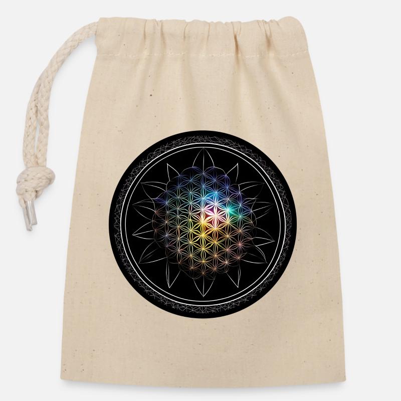 Fleur de Vie Arc-en-ciel - Sac cadeau en coton avec cordon (14 x 20 cm) - nature