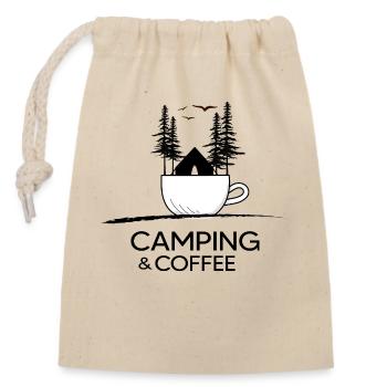 Camping Tents "Camping and Coffee" Outdoor - Closable cotton gift bag (14x20cm) - nature - Front