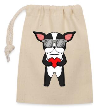 Chien avec coeur et lunettes - Sac cadeau en coton avec cordon (14 x 20 cm) - nature - Devant