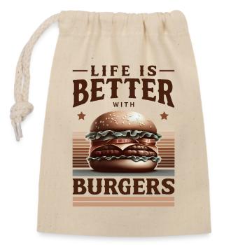 Lebensfreude mit Burger Motiv - Verschließbarer Geschenkbeutel aus Baumwolle (14x20cm) - Natur - Vorne
