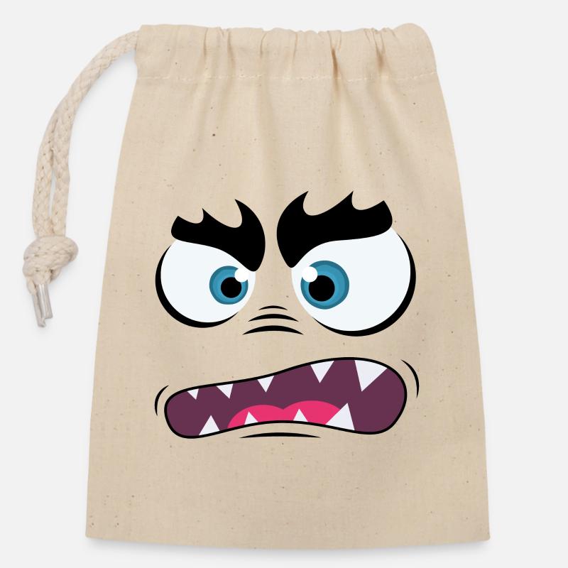 Visage de monstre - Sac cadeau en coton avec cordon (14 x 20 cm) - nature