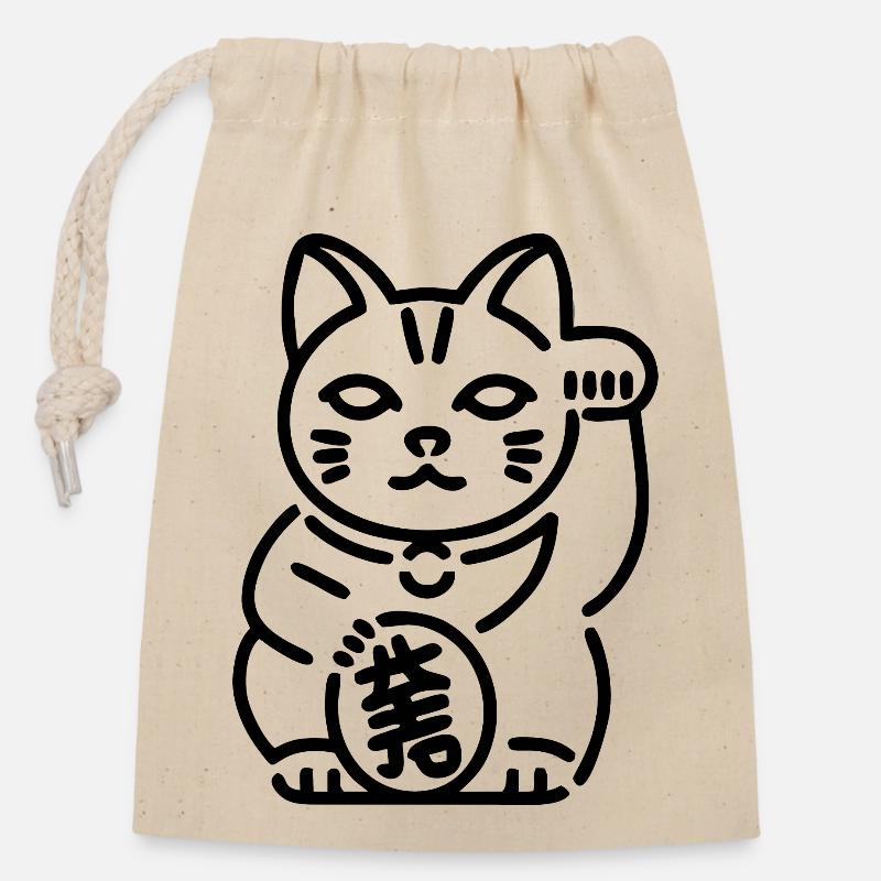 Maneki Neko Katze - Verschließbarer Geschenkbeutel aus Baumwolle (14x20cm) - Natur