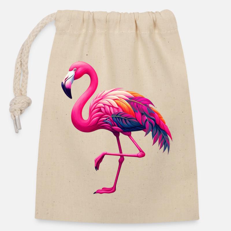 Flamingo - Verschließbarer Geschenkbeutel aus Baumwolle (14x20cm) - Natur