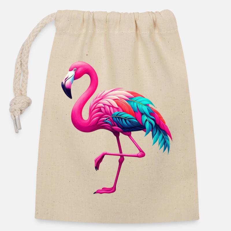 Flamingo - Verschließbarer Geschenkbeutel aus Baumwolle (14x20cm) - Natur