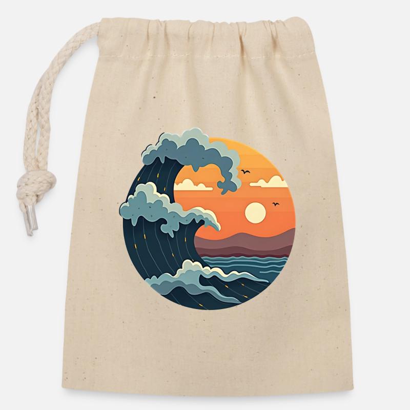 Vagues dans l’illustration du coucher de soleil - Sac cadeau en coton avec cordon (14 x 20 cm) - nature