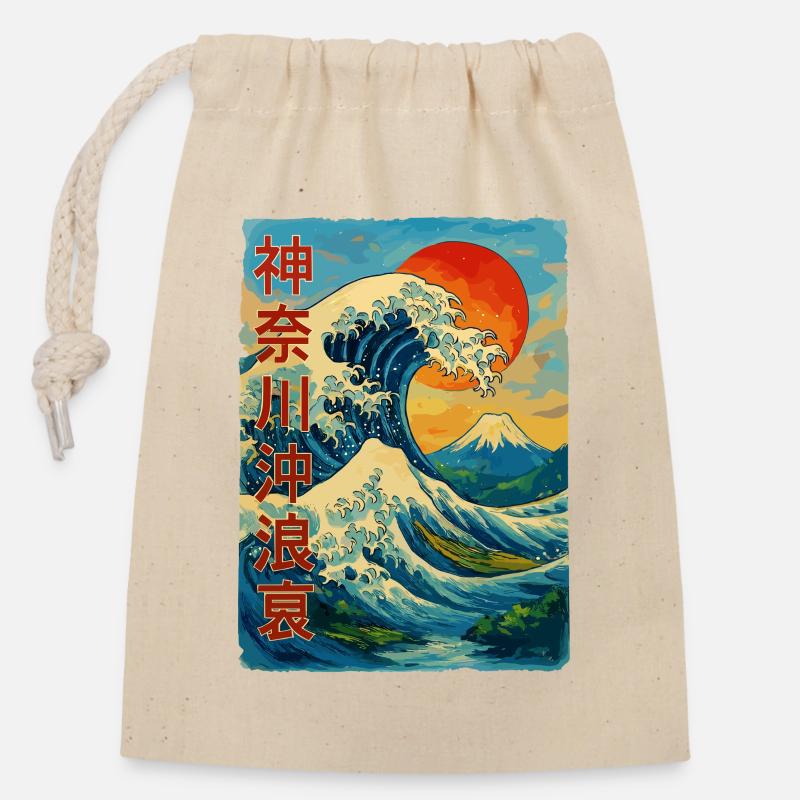 La Grande Vague devant Kanagawa Comic Style - Sac cadeau en coton avec cordon (14 x 20 cm) - nature