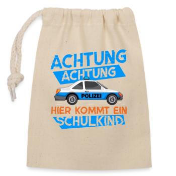 Polizeiauto mit Warnmeldung zum Schulstart - Verschließbarer Geschenkbeutel aus Baumwolle (14x20cm) - Natur - Vorne