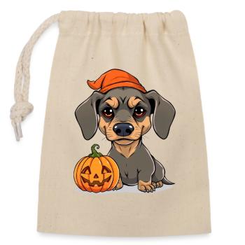 Halloween Dachshund with Pumpkin: Cartoon Illustration - Closable cotton gift bag (14x20cm) - nature - Front