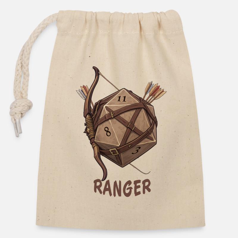 W20 mit Bogen & Pfeil – Ranger Fantasy Dice - Verschließbarer Geschenkbeutel aus Baumwolle (14x20cm) - Natur