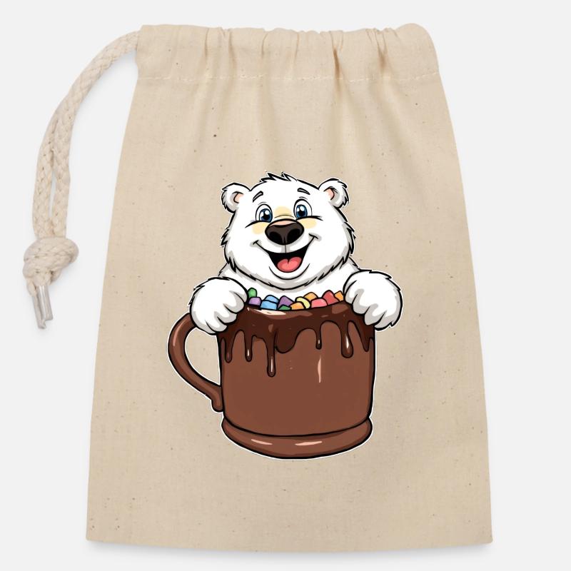 Ours polaire ludique avec tasse de chocolat - Sac cadeau en coton avec cordon (14 x 20 cm) - nature